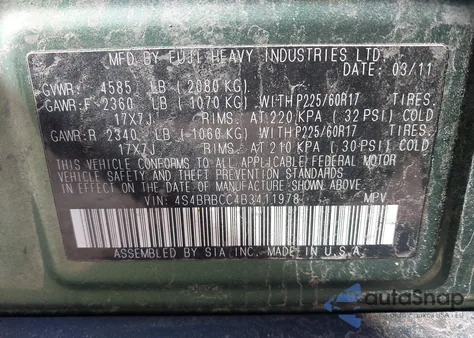 2011 Subaru Outback 2.5I Premium from USA, damaged, VIN 4S4BRBCC4B3411978